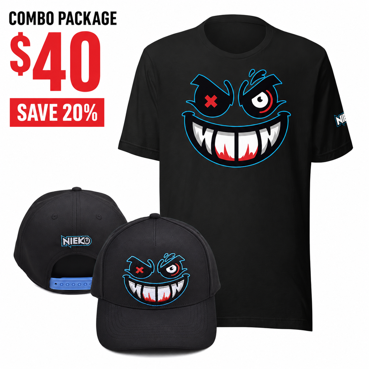 Blue Crazy Face - Snapback + T-Shirt Combo