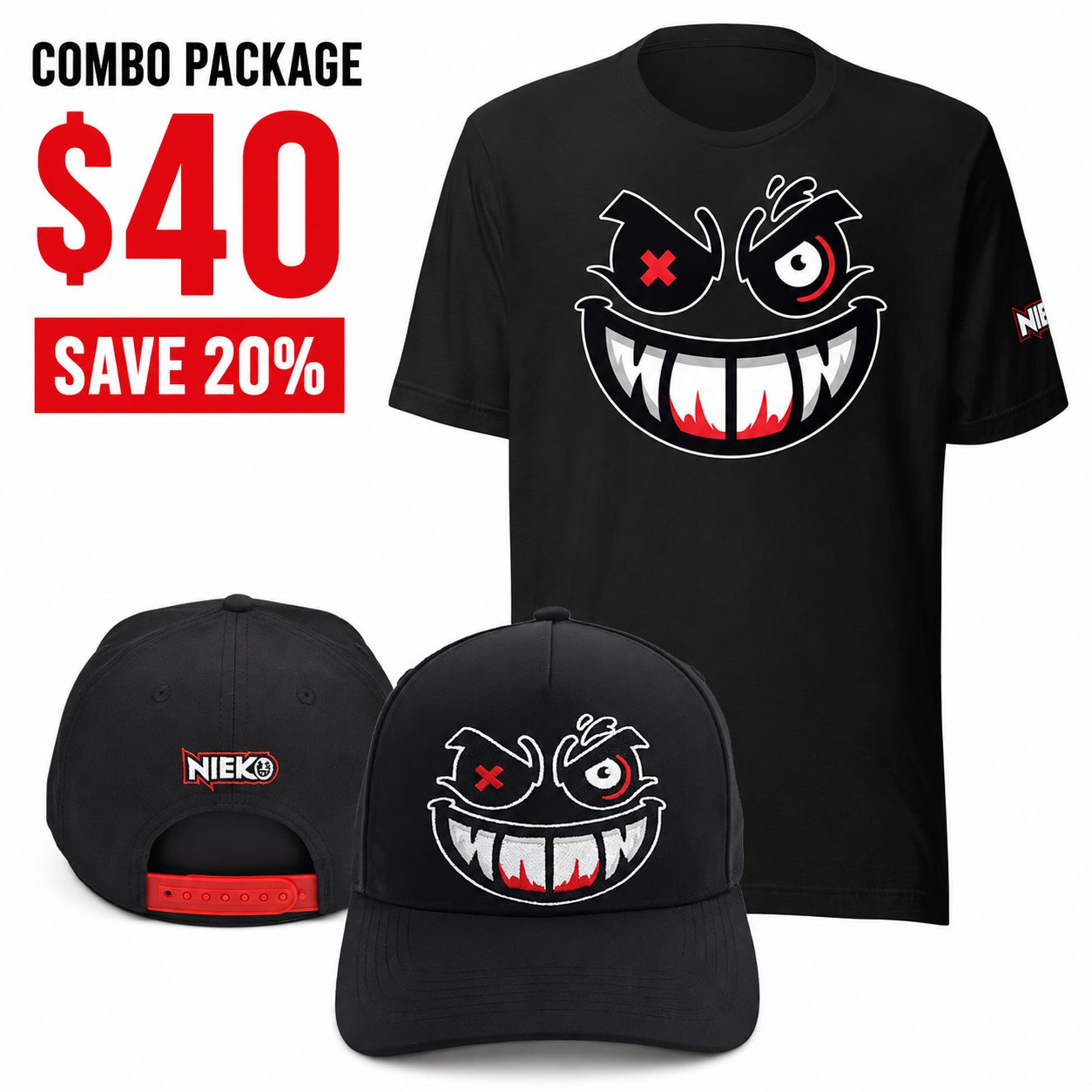 Red/White Crazy Face - Snapback + T-Shirt Combo